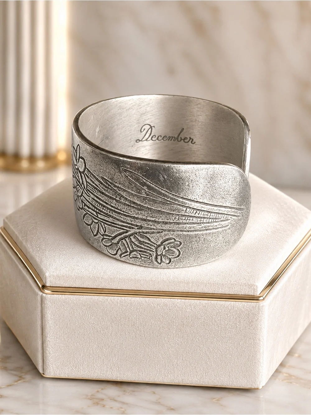Vintage Floral Pewter Salisbury Pewter Bangle Cuff Bracelet “December “